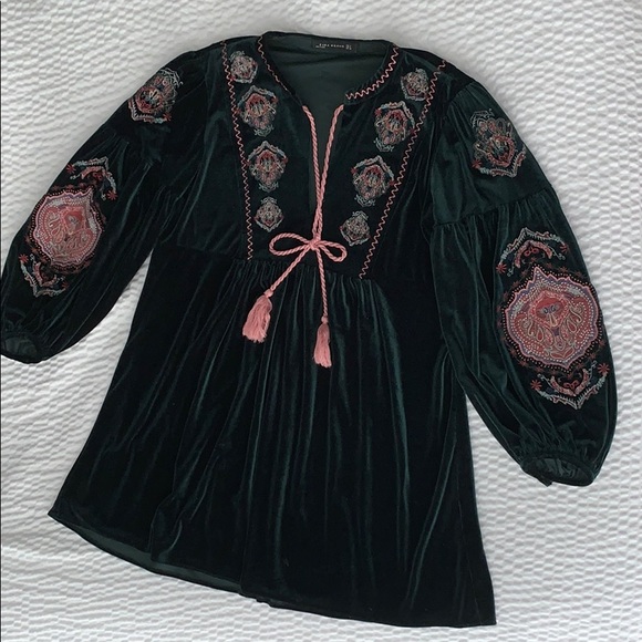 Zara Tops - Zara Emerald Velvet Embroidered Tunic size L